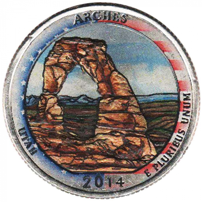 (023d) Монета США 2014 год 25 центов &quot;Арчес&quot;  Вариант №2 Медь-Никель  COLOR. Цветная